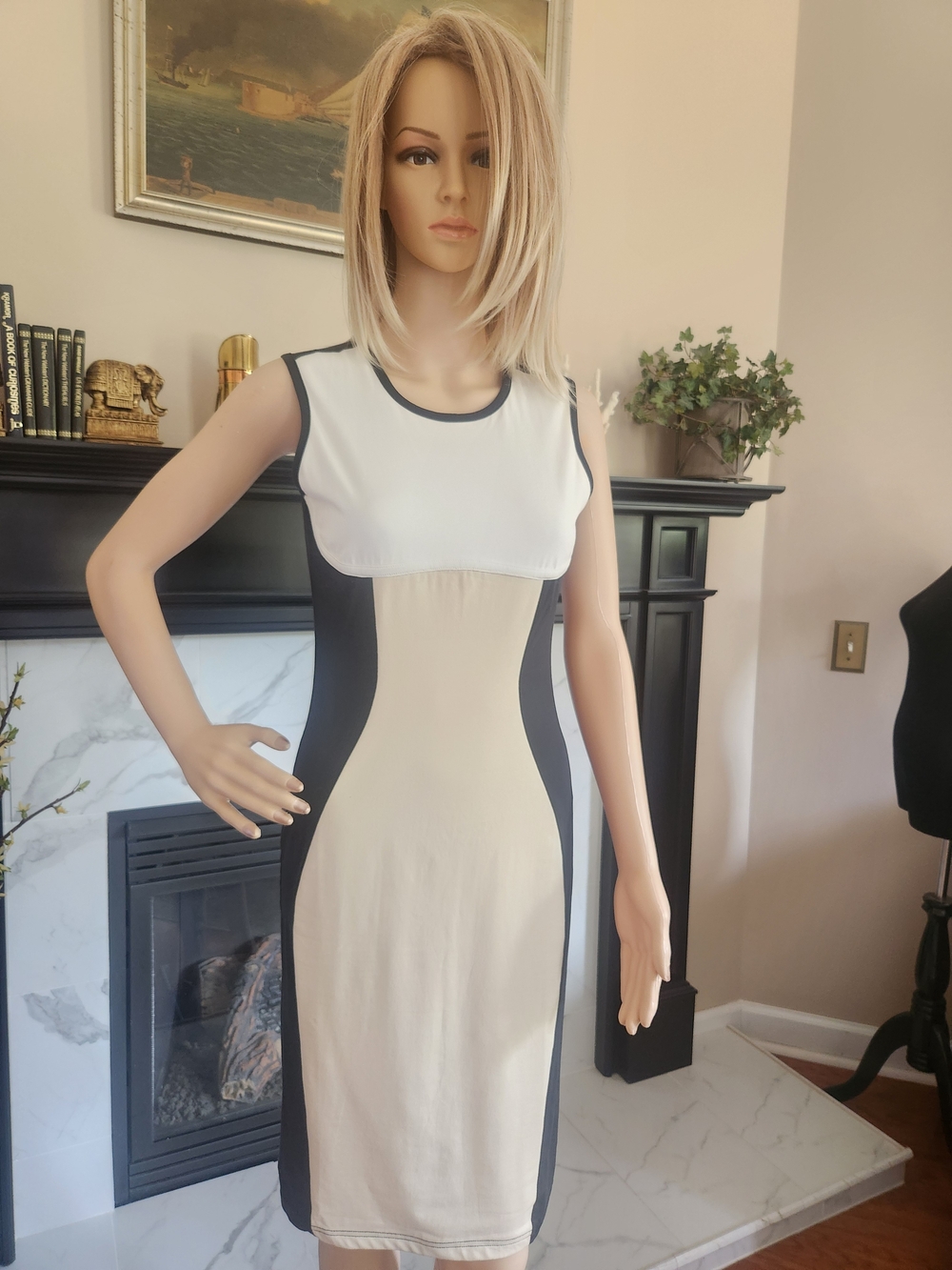NICE-FOREVER Sz 6 Ivory, Black and Cream Colorblock Sheath Dress